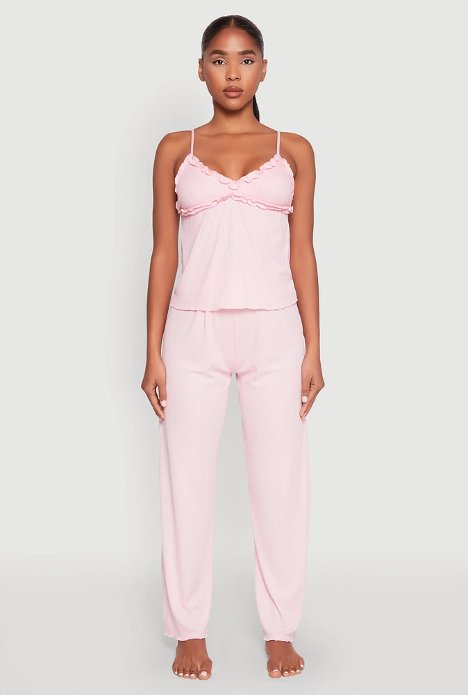 Womens Ruffled Trim Pajama Cami and Pants Set,