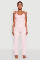 Womens Ruffled Trim Pajama Cami and Pants Set, Pink, Size L