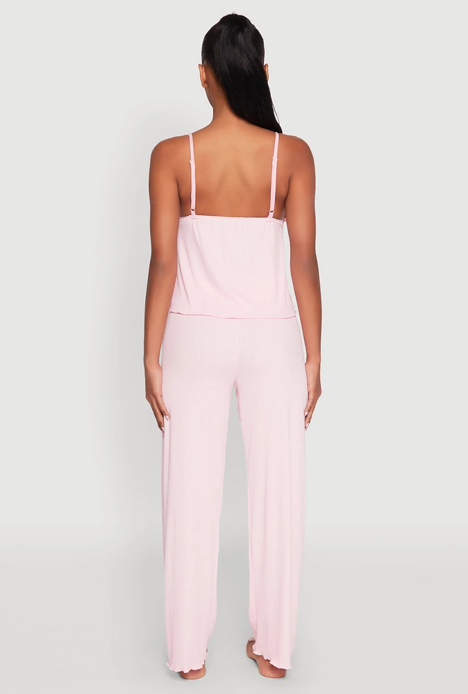 Womens Ruffled Trim Pajama Cami and Pants Set,