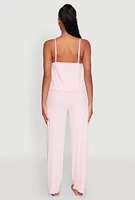 Womens Ruffled Trim Pajama Cami and Pants Set, Pink, Size L