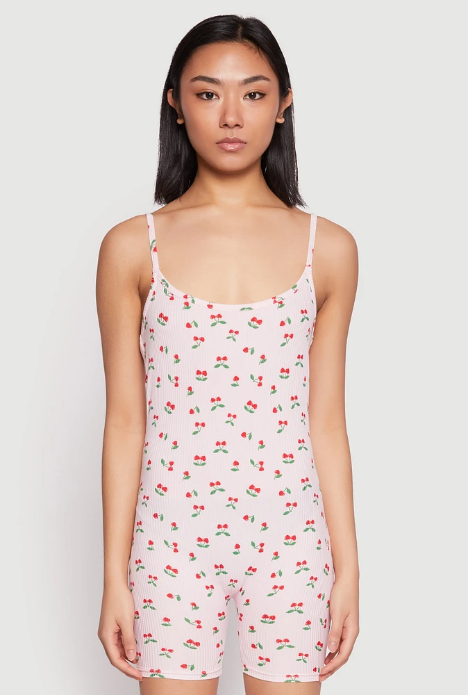 Womens Cherry Print Pajama Romper, Pink, Size M