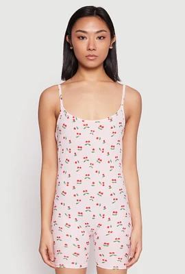 Womens Cherry Print Pajama Romper, Pink, Size M
