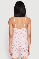 Womens Cherry Print Pajama Romper, Pink, Size M