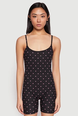 Womens Polka Dot Heart Print Pajama Romper, Black, Size M
