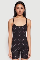 Womens Polka Dot Heart Print Pajama Romper, Black, Size M