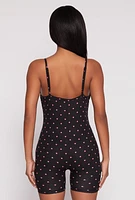 Womens Polka Dot Heart Print Pajama Romper, Black, Size M