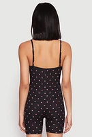 Womens Polka Dot Heart Print Pajama Romper, Black, Size M