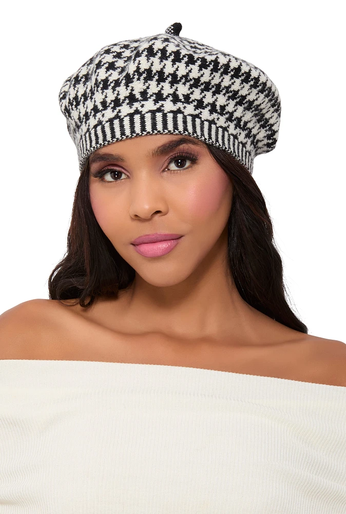 Womens Houndstooth French Beret, White