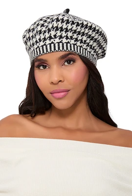 Womens Houndstooth French Beret, White