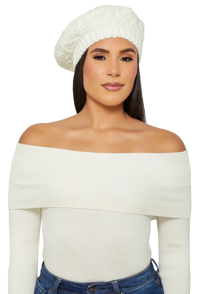 Womens Aran Knit Beret, White