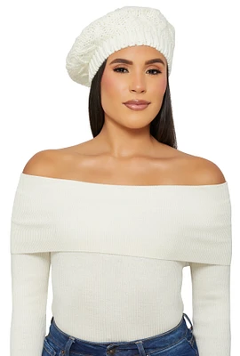 Womens Aran Knit Beret, White