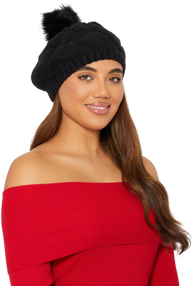 Womens Pom Pom Knit Beret, Black