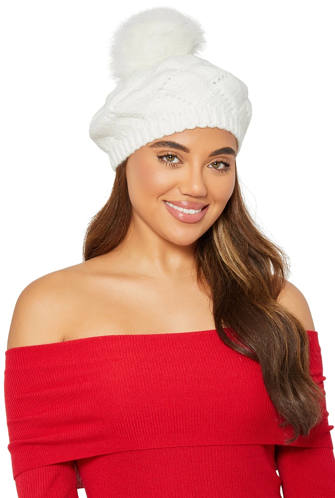 Womens Pom Pom Knit Beret, White