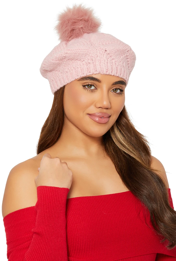 Womens Pom Pom Knit Beret, Pink