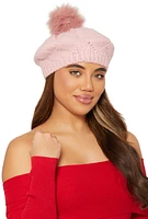 Womens Pom Pom Knit Beret, Pink