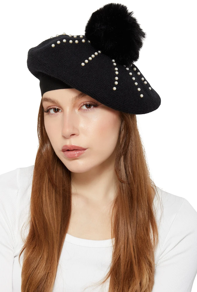 Womens Faux Pearl Detail Pom Pom Beret, Black