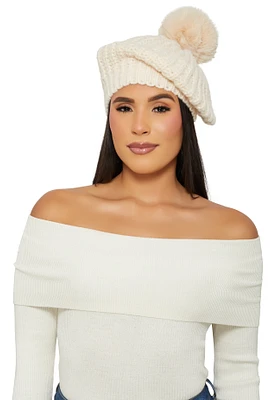 Womens Faux Fur Pom Pom Knit Beret, Beige