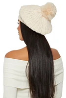 Womens Faux Fur Pom Pom Knit Beret, Beige