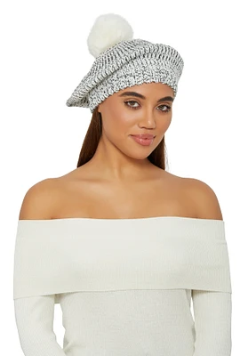 Womens Spacedye Knit Pom Pom Slouch Beret, White