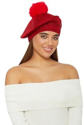 Womens Spacedye Knit Pom Pom Slouch Beret, Red