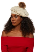 Womens Pom Pom Knitted Beret, Beige