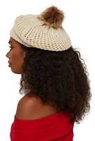 Womens Pom Pom Knitted Beret, Beige