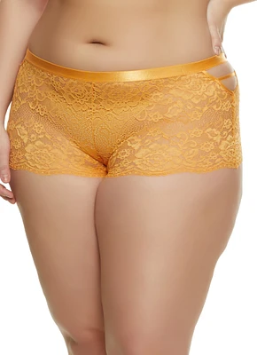 Womens Plus Size Floral Lace Side V Caged Boyshort Panty, Orange, Size 3X