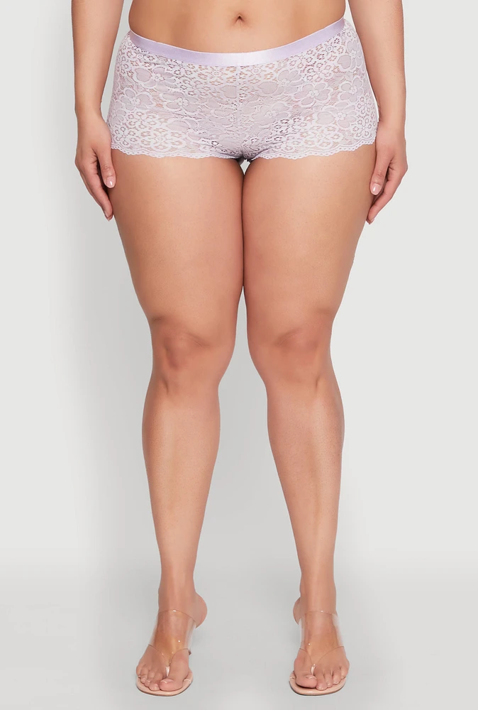 Womens Plus Size Floral Lace V Back Boyshort Panty, Purple, Size 2X