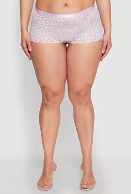 Womens Plus Size Floral Lace V Back Boyshort Panty, Purple, Size 2X