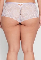 Womens Plus Size Floral Lace V Back Boyshort Panty, Purple, Size 2X