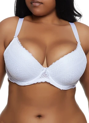 Womens Plus Size Convertible Strap Lace Plunge Bra, White, Size 40C