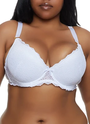 Womens Plus Size Lace Convertible Plunge Bra, White, Size 42D