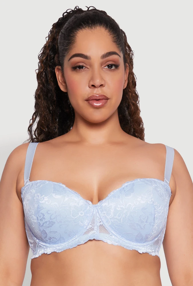 Womens Plus Size Solid Floral Lace Balconette Bra, Blue, Size 38D