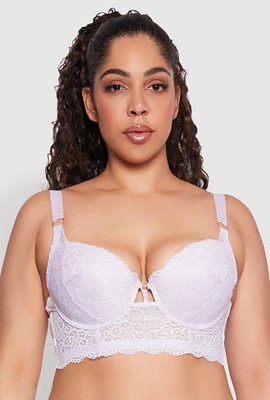 Womens Plus Size Floral Lace Caged Front Plunge Longline Bra, Purple, Size 40D