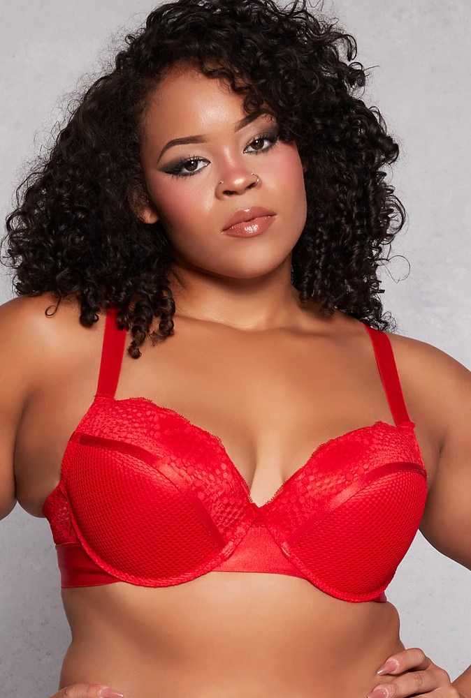 Womens Plus Size Fishnet Lace Plunge Bra, Red, Size 40D