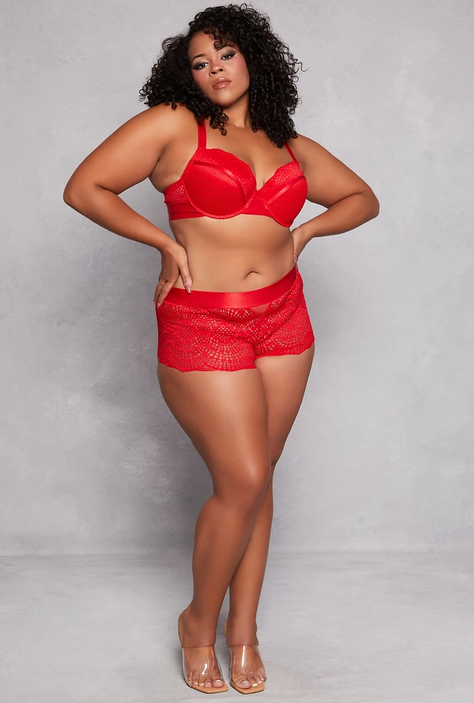 Womens Plus Size Fishnet Lace Plunge Bra, Red, Size 38D