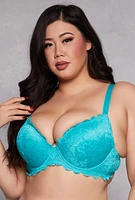 Womens Plus Size Floral Lace Plunge Bra, Blue, Size 44C