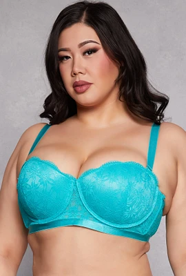 Womens Plus Size Floral Patterned Lace Balconette Bra | Convertible To Strapless, Blue, Size 42D