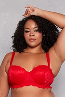 Womens Plus Size Lace Scalloped Balconette Bra | Converts to Strapless, Red, Size 44C