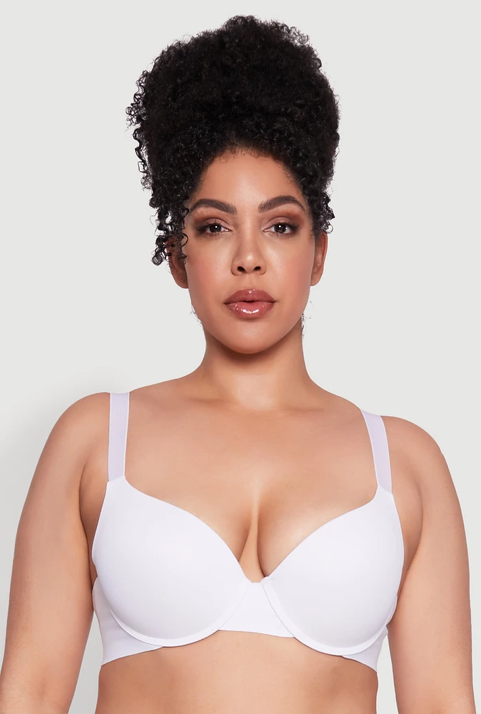 Womens Plus Size Seamless Padded Push Up Plunge Bra, White, Size 42C
