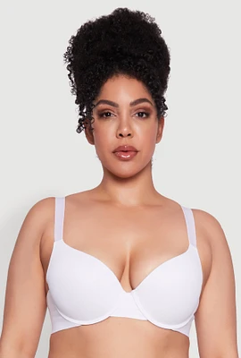 Womens Plus Size Seamless Padded Push Up Plunge Bra, White, Size 42C