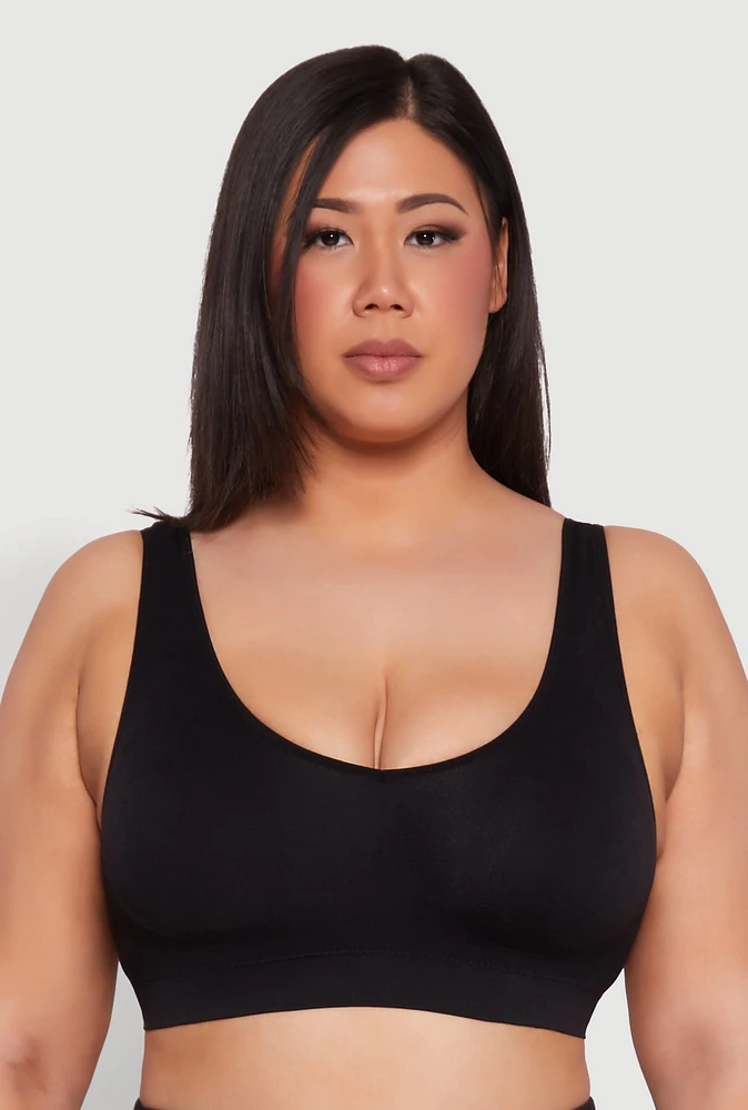 Womens Plus Size Seamless V Neck Sports Bra, Black, Size 3X