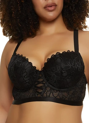 Womens Plus Caged Front Longline Lace Plunge Bra, Black