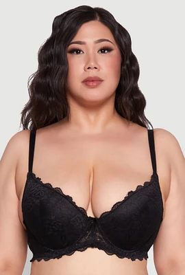 Womens Plus Elegant Lace Scallop Trim Plunge Bra, Black,