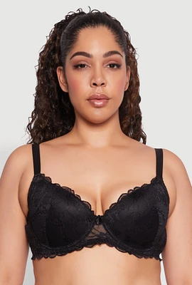 Womens Plus Elegant Scalloped Lace Push-Up Plunge Bra, Black,