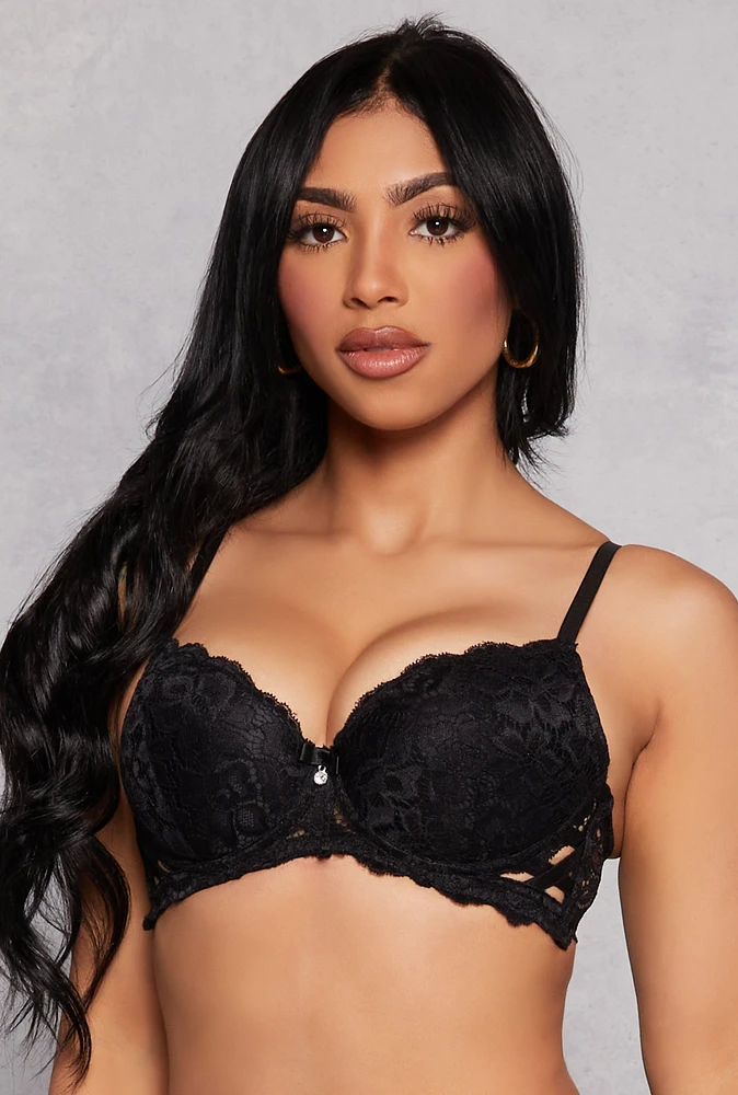 Womens Caged Side Lace Plunge Bra, Black, Size 38B
