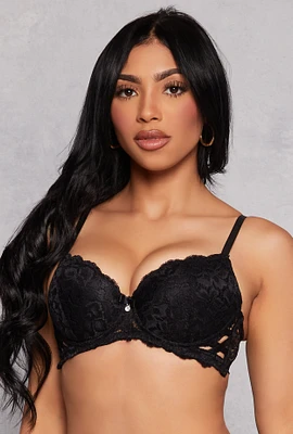 Womens Caged Side Lace Plunge Bra, Black, Size 38B