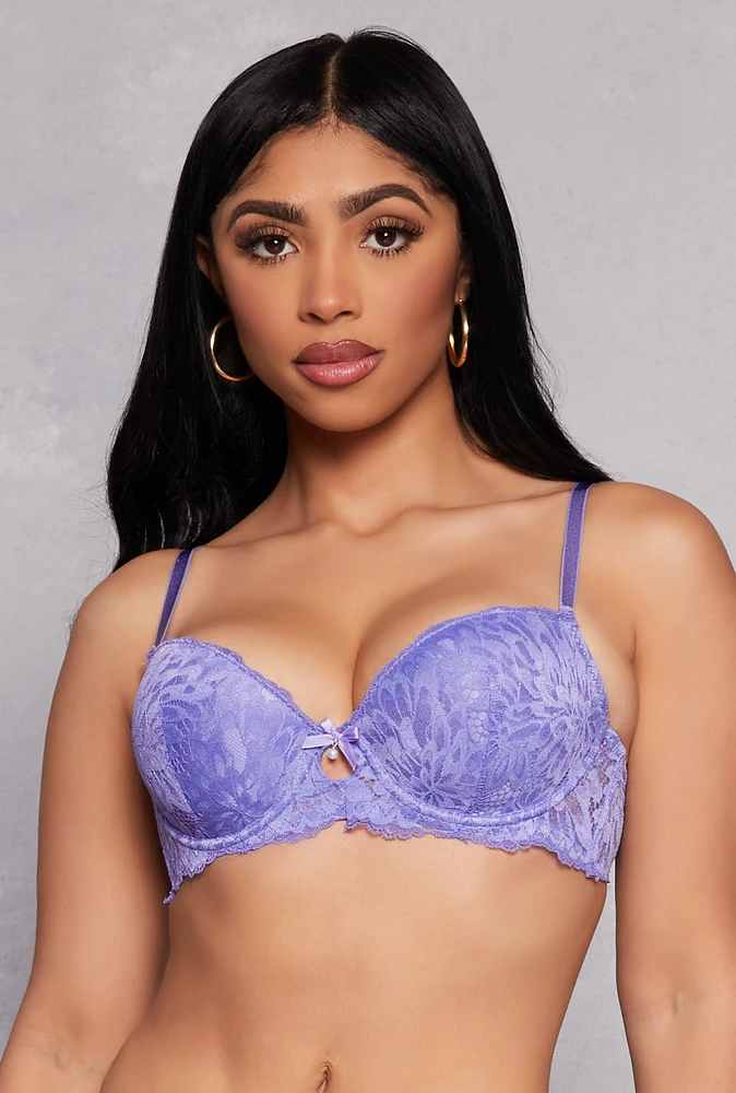 Womens Cut Out Front Lace Plunge Bra, Purple,