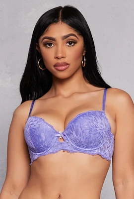 Womens Cut Out Front Lace Plunge Bra, Purple,