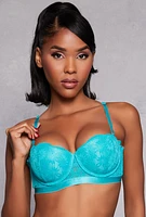 Womens Floral Lace Push Up Balconette Bra | Convertible to Strapless, Blue,